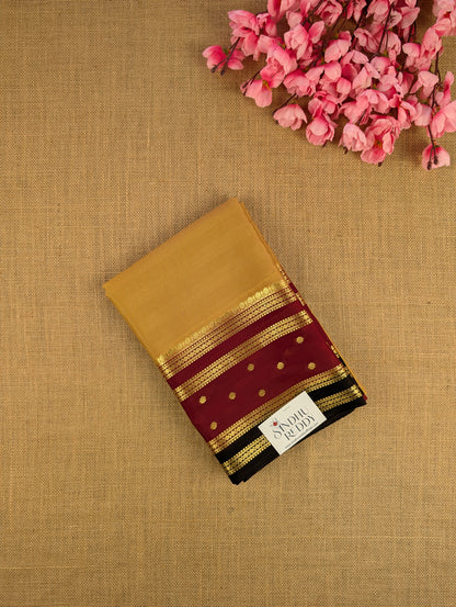 Pure Mysore Silk Crepe - Golden Yellow with Maroon &amp; Black 3D Pattern