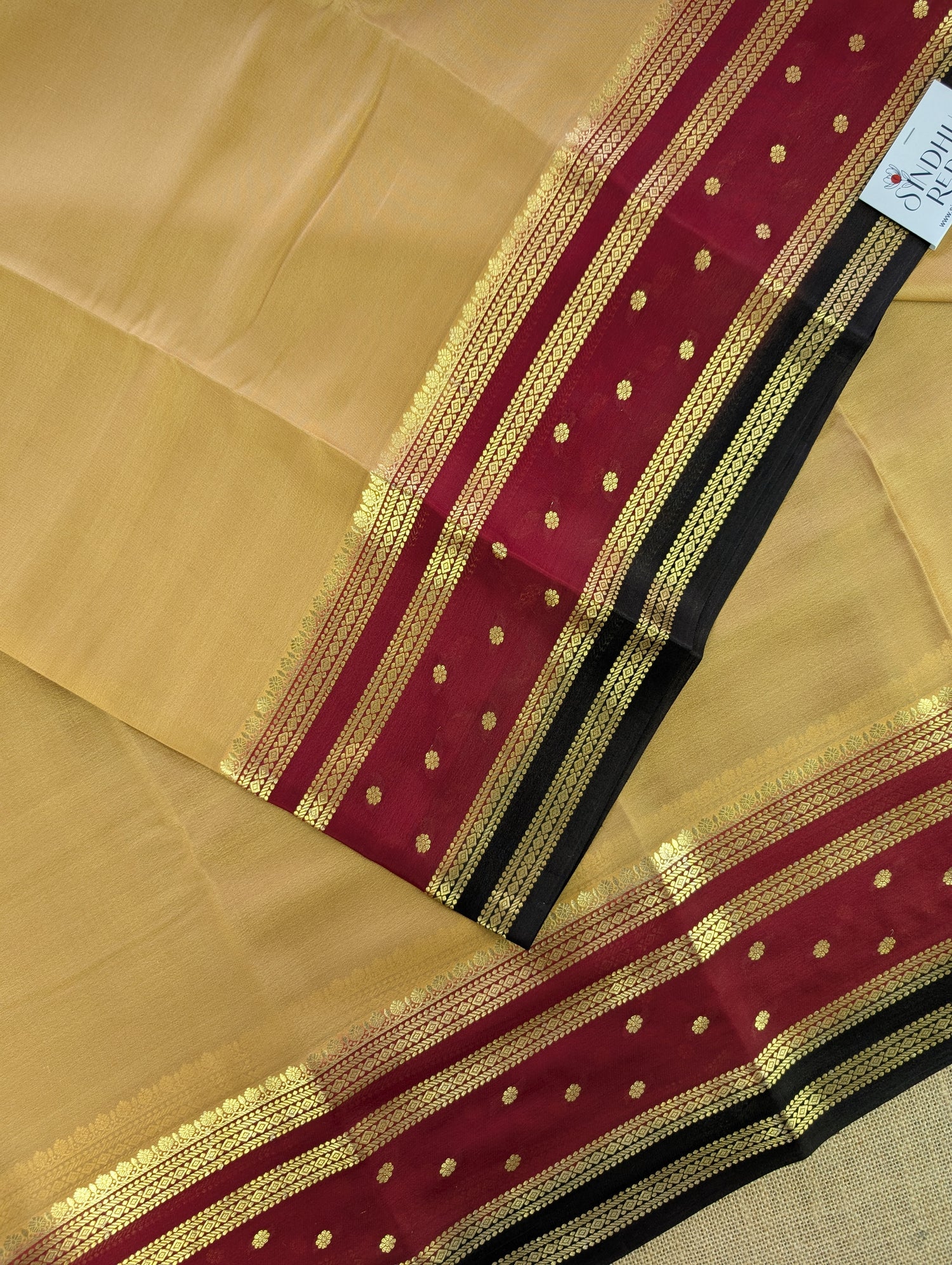 Pure Mysore Silk Crepe - Golden Yellow with Maroon &amp; Black 3D Pattern