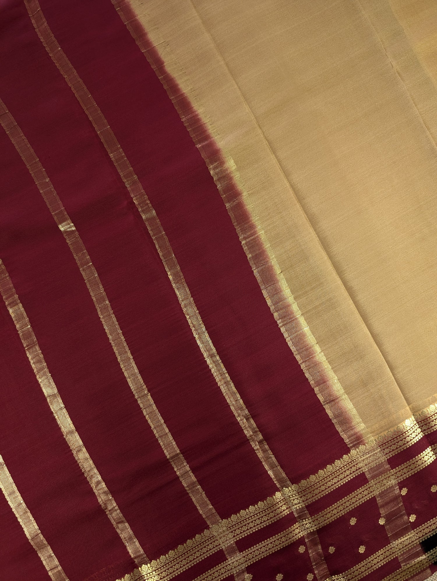 Pure Mysore Silk Crepe - Golden Yellow with Maroon &amp; Black 3D Pattern