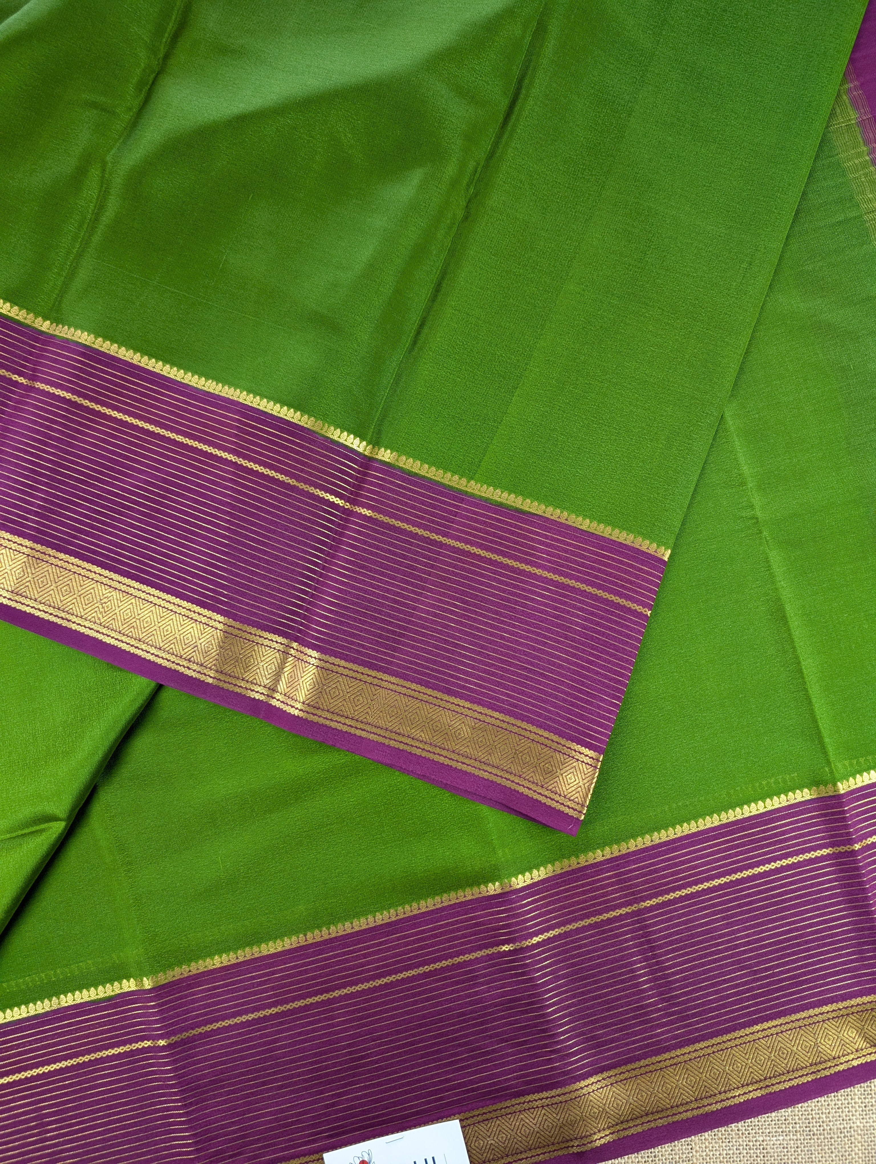 Pure Mysore Silk Crepe - Parrot Green with Purple