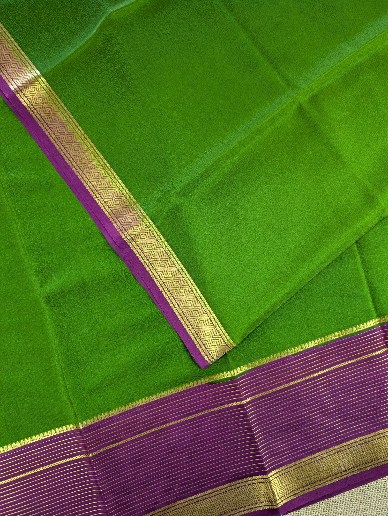 Pure Mysore Silk Crepe - Parrot Green with Purple