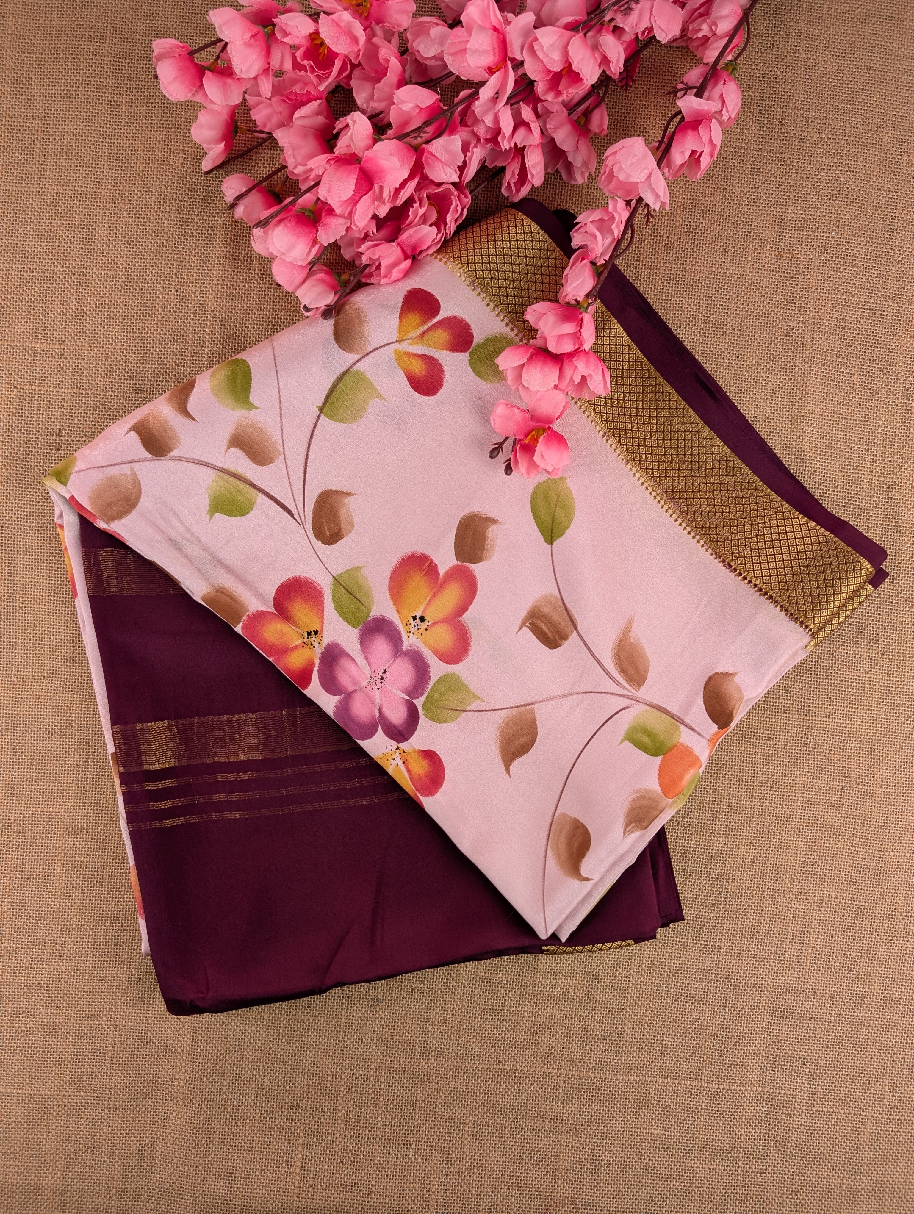 Pure Mysore Silk Crepe -  Wine &amp; Soft Pink Hand Brush Paint Saree