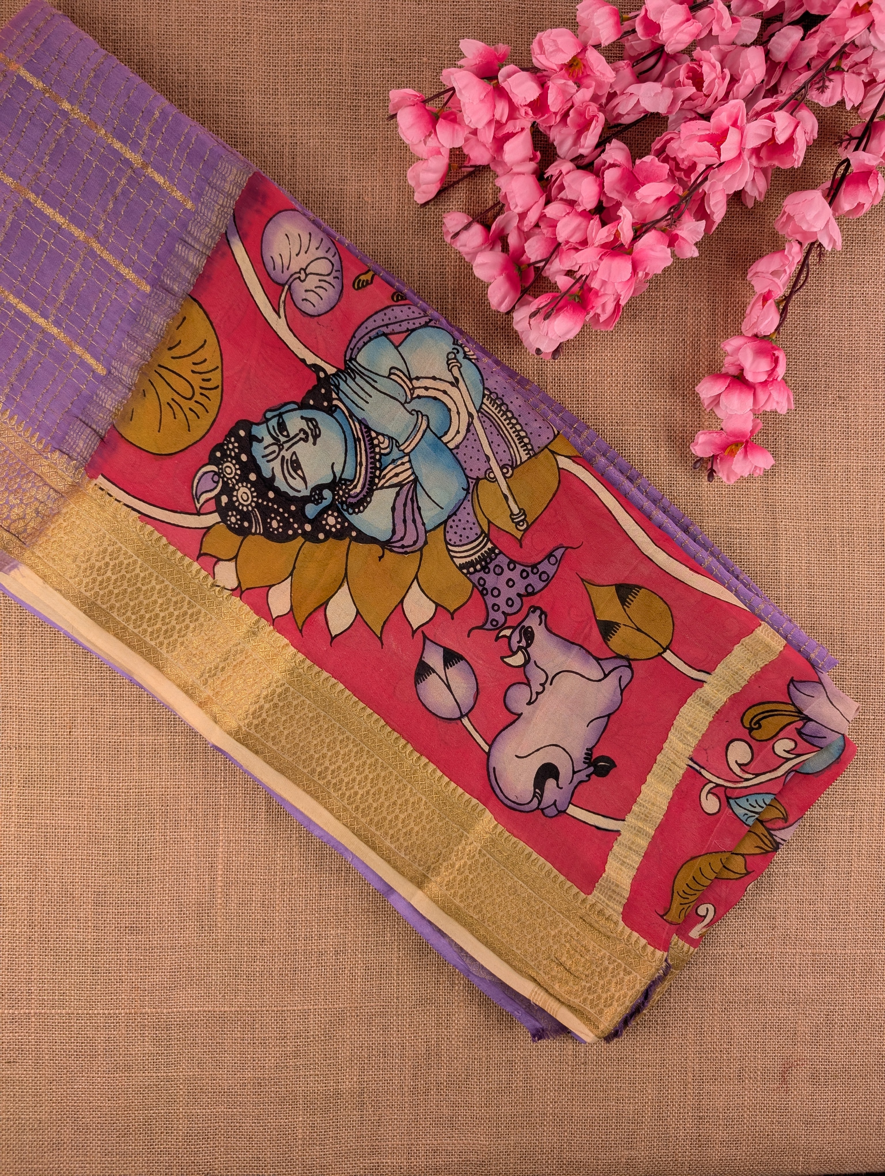 Pure Mysore Silk Crepe - Lavender with Hand Painted Pen Kalamkari Pallu &amp; Blouse