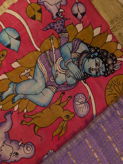 Pure Mysore Silk Crepe - Lavender with Hand Painted Pen Kalamkari Pallu &amp; Blouse