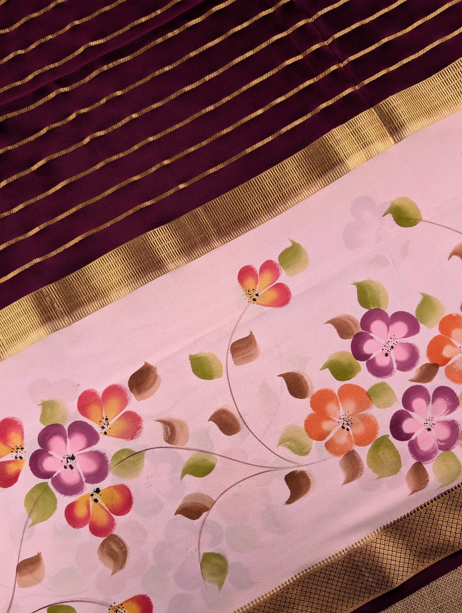 Pure Mysore Silk Crepe -  Wine &amp; Soft Pink Hand Brush Paint Saree