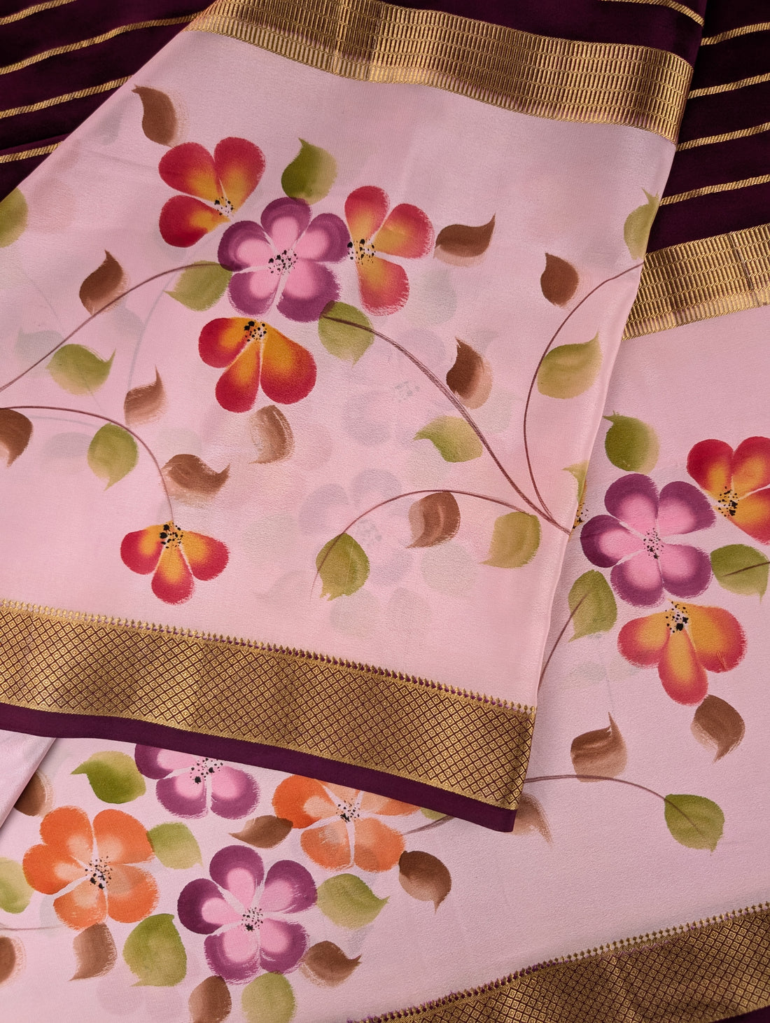 Pure Mysore Silk Crepe -  Wine &amp; Soft Pink Hand Brush Paint Saree