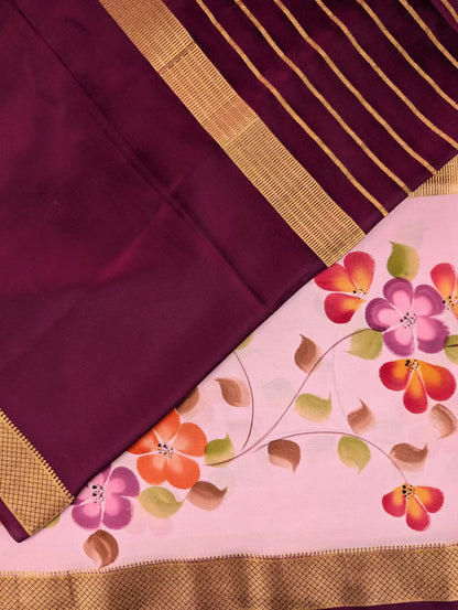 Pure Mysore Silk Crepe -  Wine &amp; Soft Pink Hand Brush Paint Saree