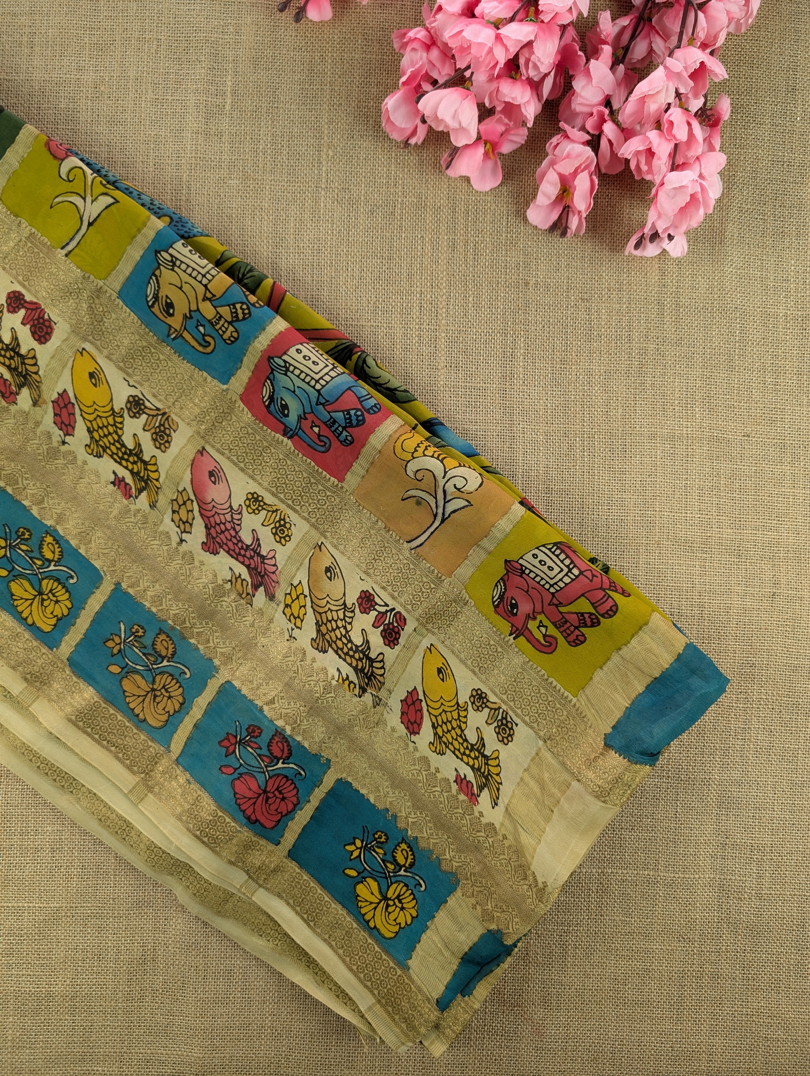 Pure Mysore Silk Crepe with Hand Painted Pen Kalamkari