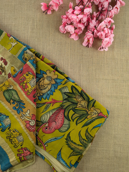 Pure Mysore Silk Crepe with Hand Painted Pen Kalamkari