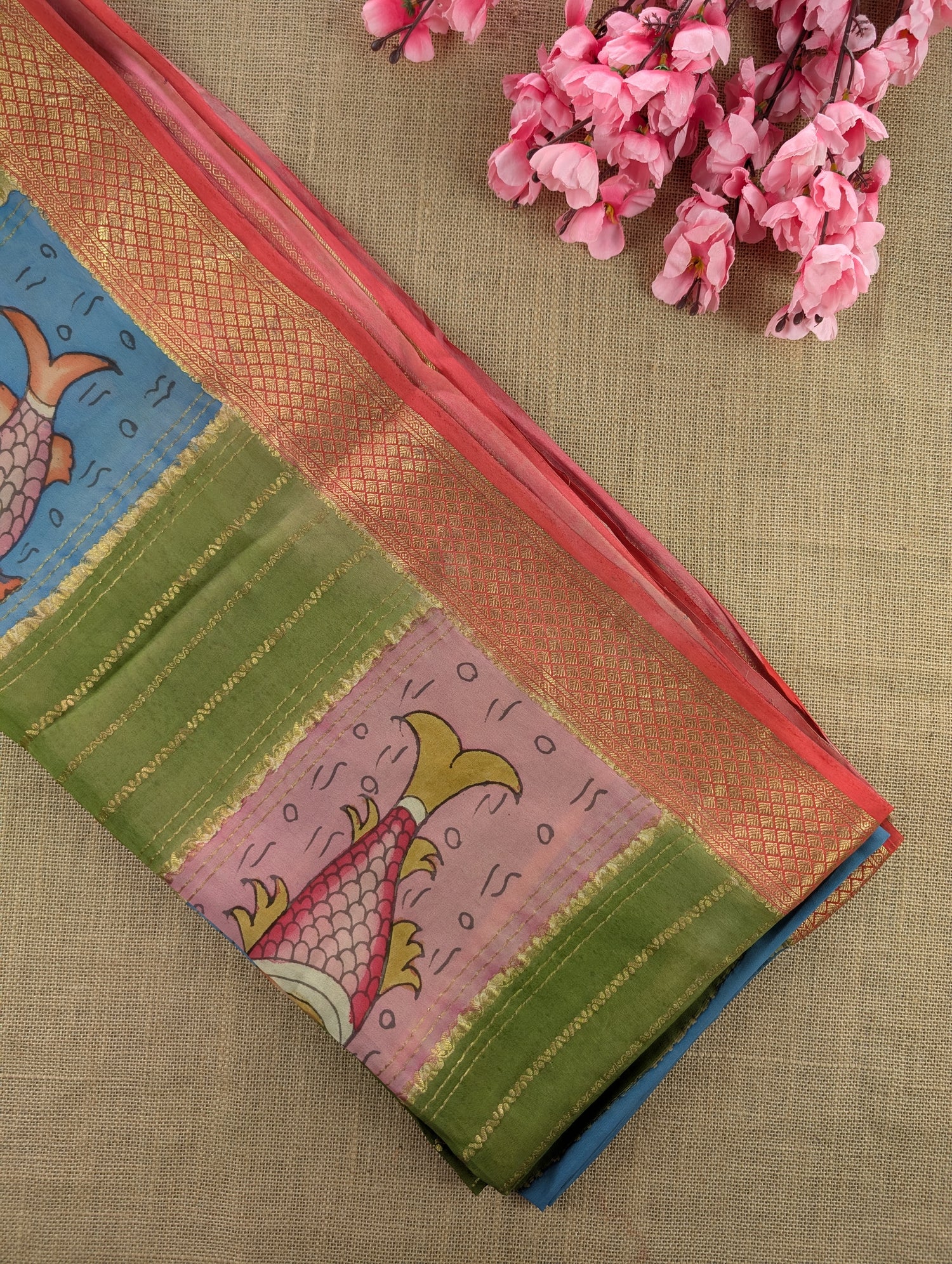 Pure Mysore Silk Crepe - Light Green &amp; Peach Hand Painted Pen Kalamkari Saree