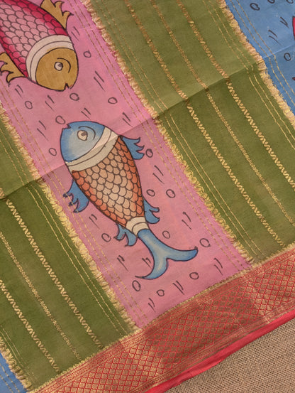 Pure Mysore Silk Crepe - Light Green &amp; Peach Hand Painted Pen Kalamkari Saree