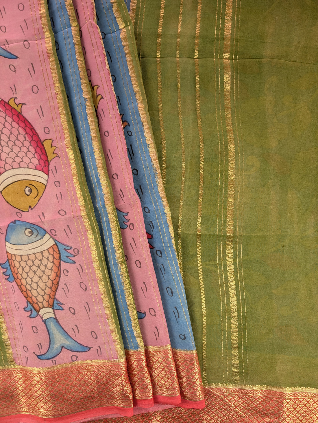 Pure Mysore Silk Crepe - Light Green &amp; Peach Hand Painted Pen Kalamkari Saree