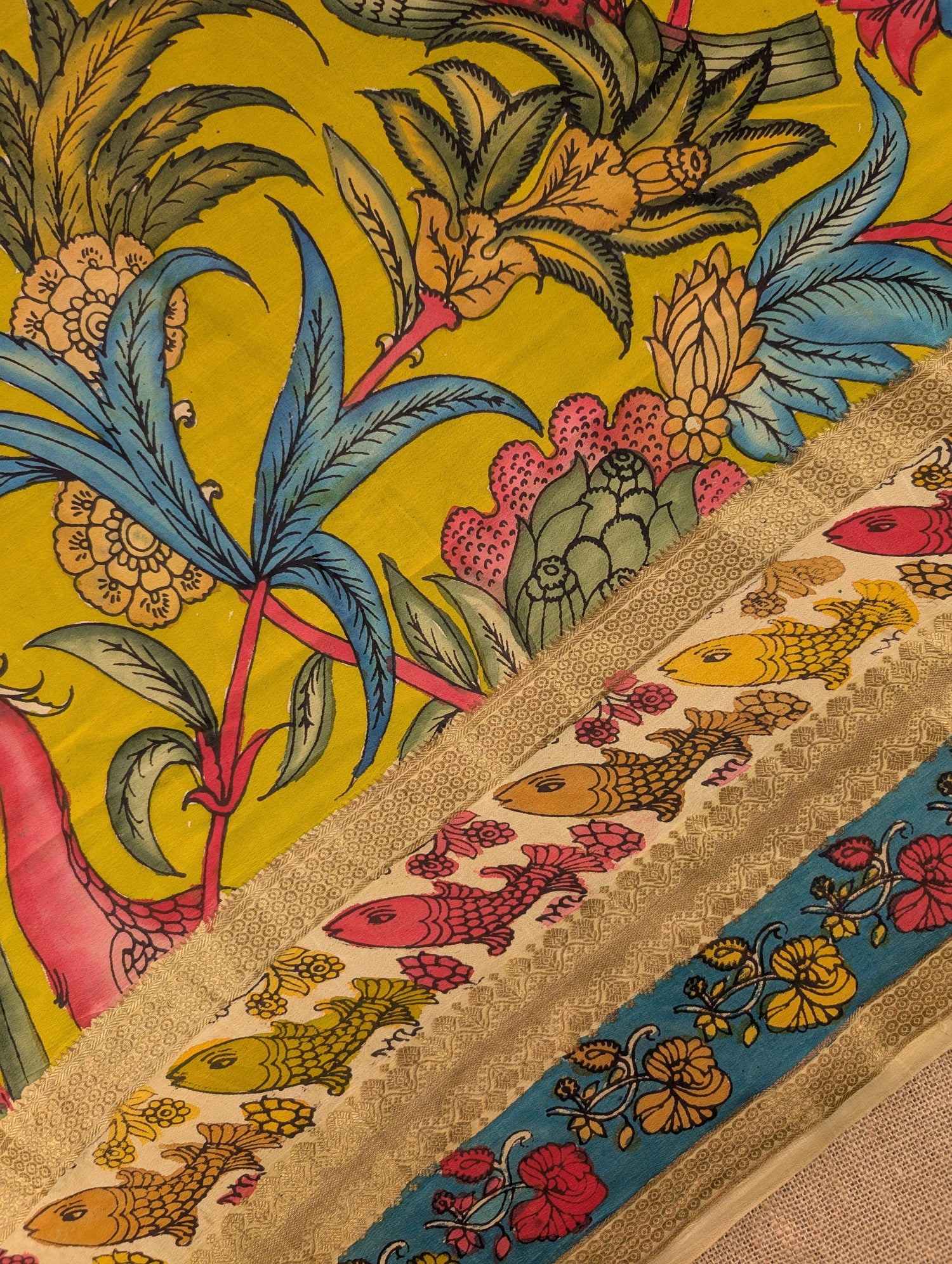 Pure Mysore Silk Crepe with Hand Painted Pen Kalamkari