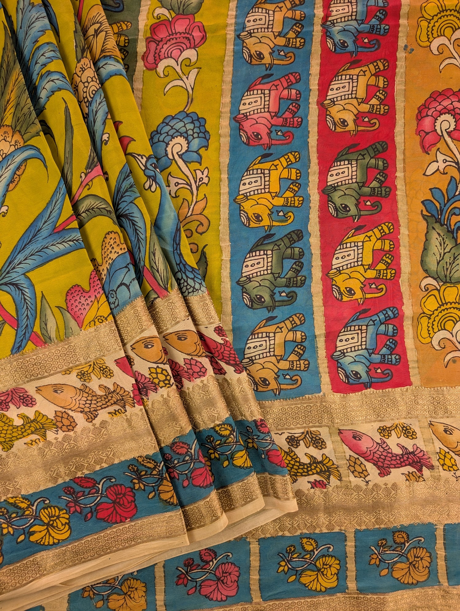 Pure Mysore Silk Crepe with Hand Painted Pen Kalamkari