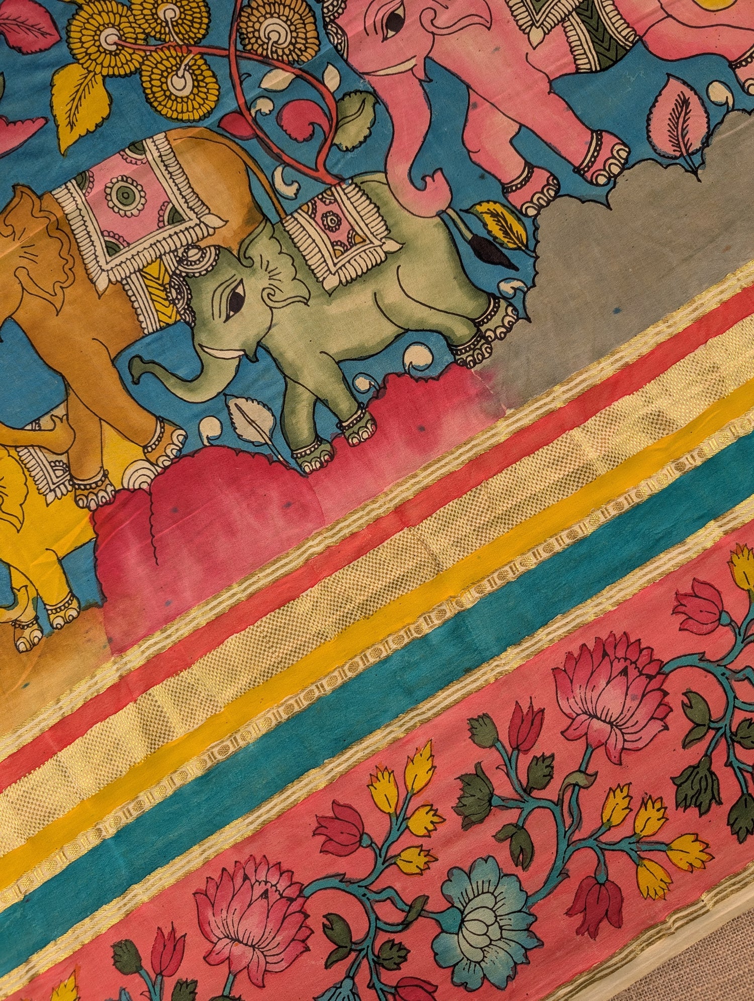 Pure Mysore Silk Crepe with Hand Painted Pen Kalamkari