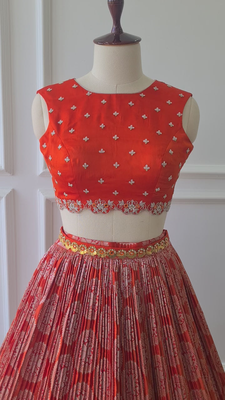 Orange Kanchipuram Crop Top Skirt