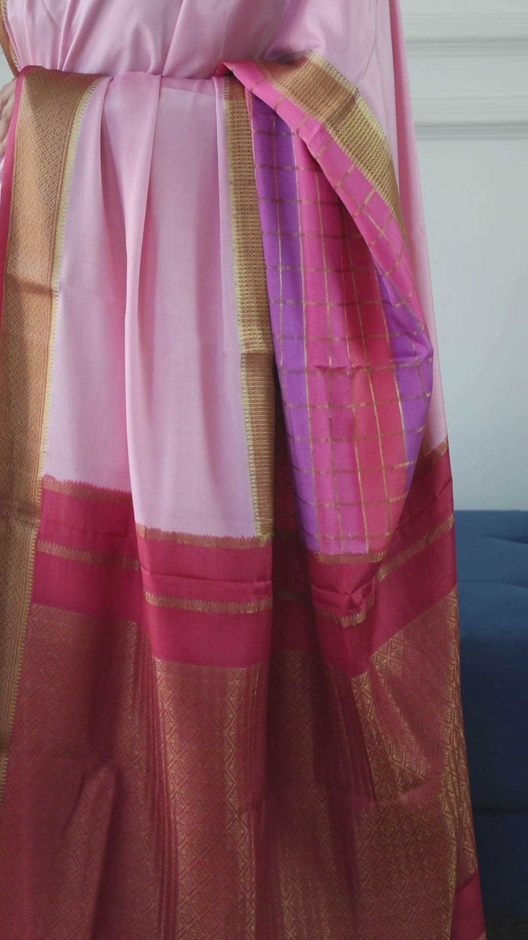 Pure Mysore Silk Crepe - Red with Green Half &amp; Half Pattern