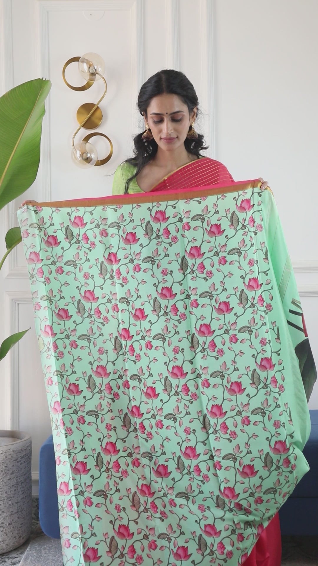 Pure Mysore Silk Crepe - Neon Green with Printed Pallu