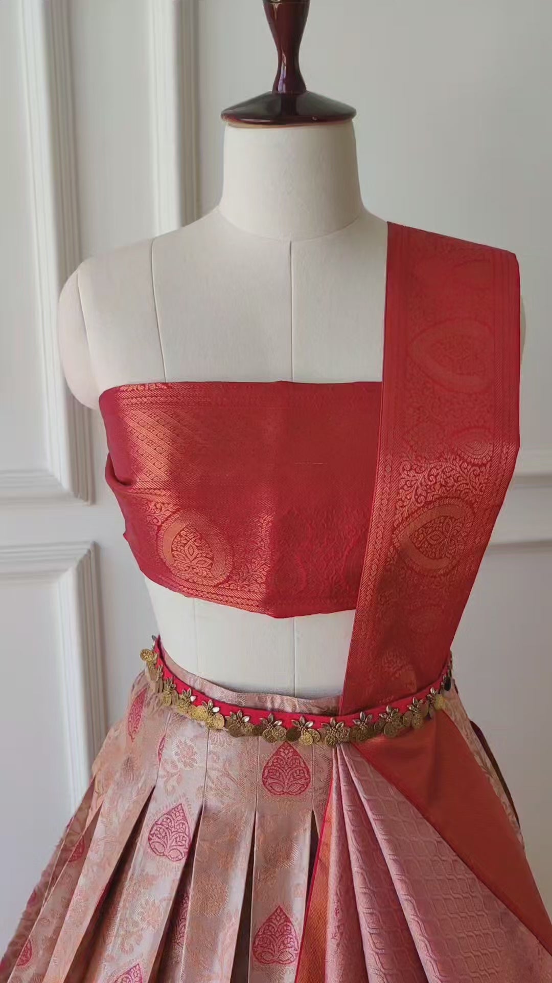 Pinkish Grey &amp; Red Pre-Draped Lehanga Set