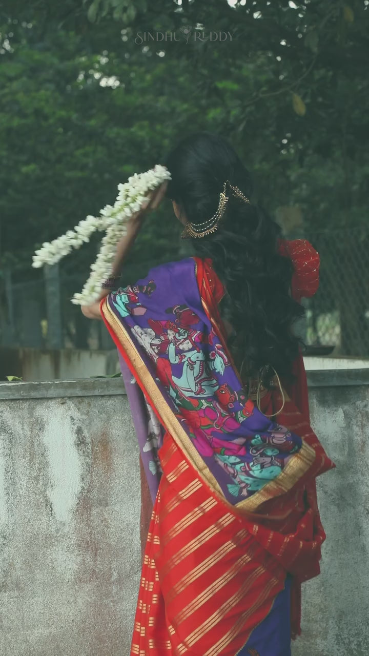 Pure Mysore Silk Crepe -  Brick Orange with Printed Half Border