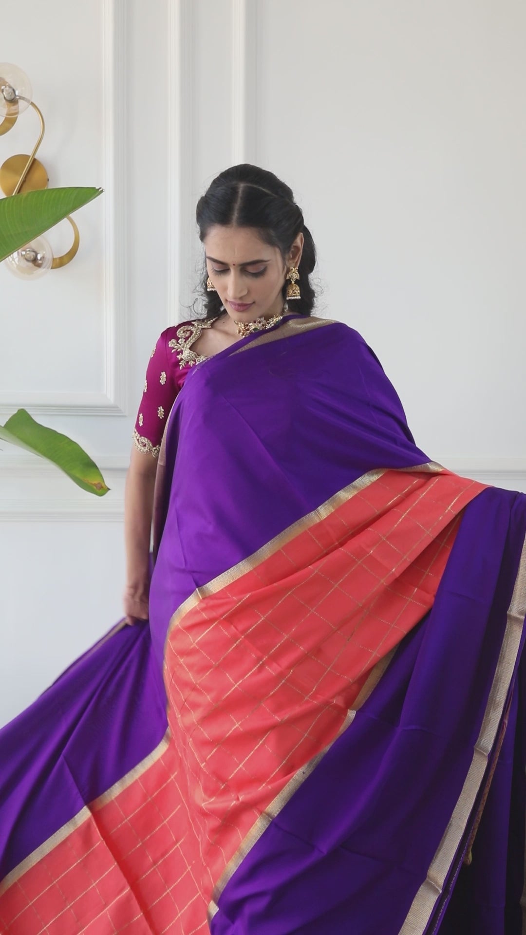 Pure Mysore Silk Crepe - Orange with Purple