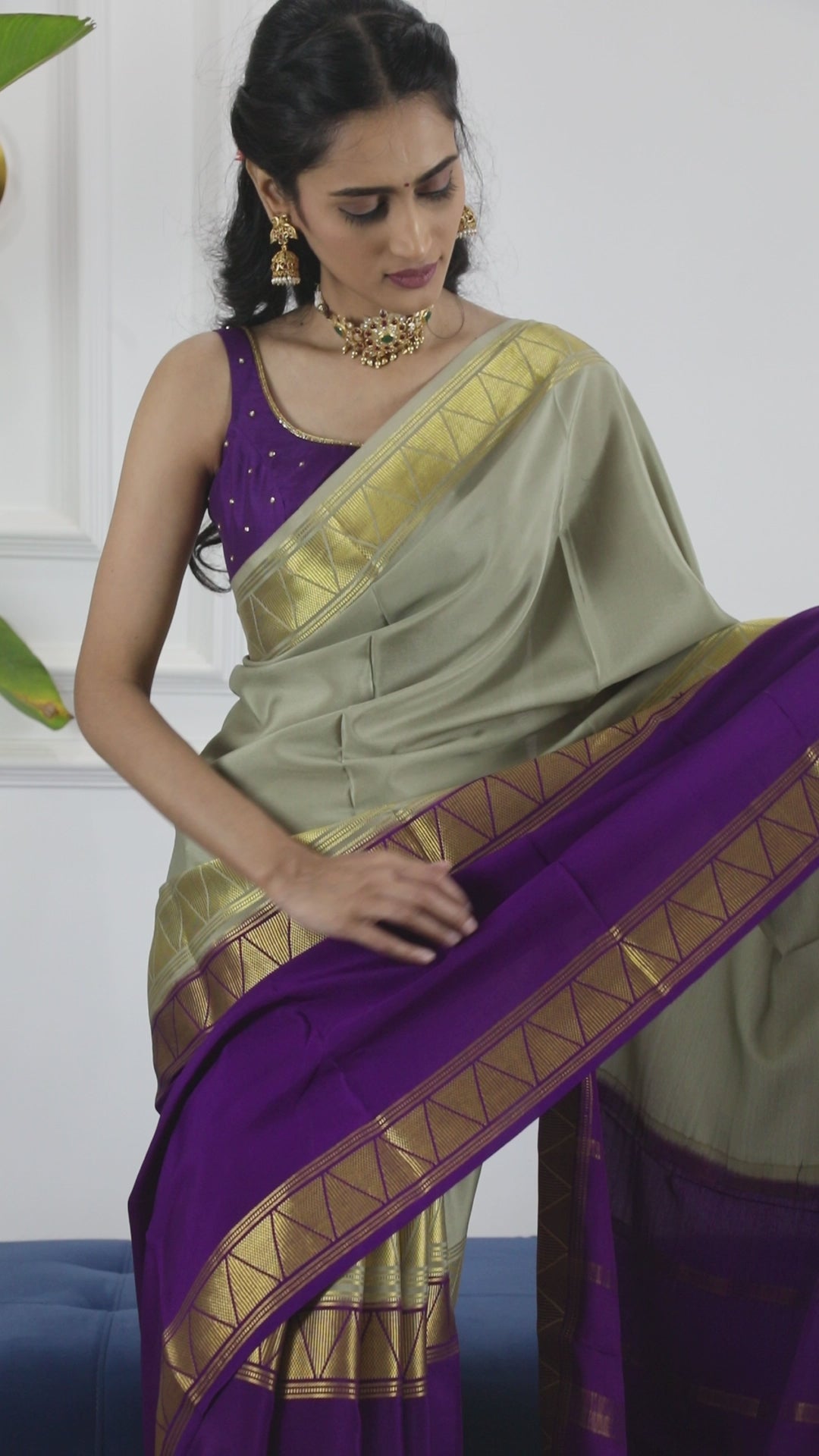 Pure Mysore Silk Crepe - Grey with Purple Half &amp; Half Pattern