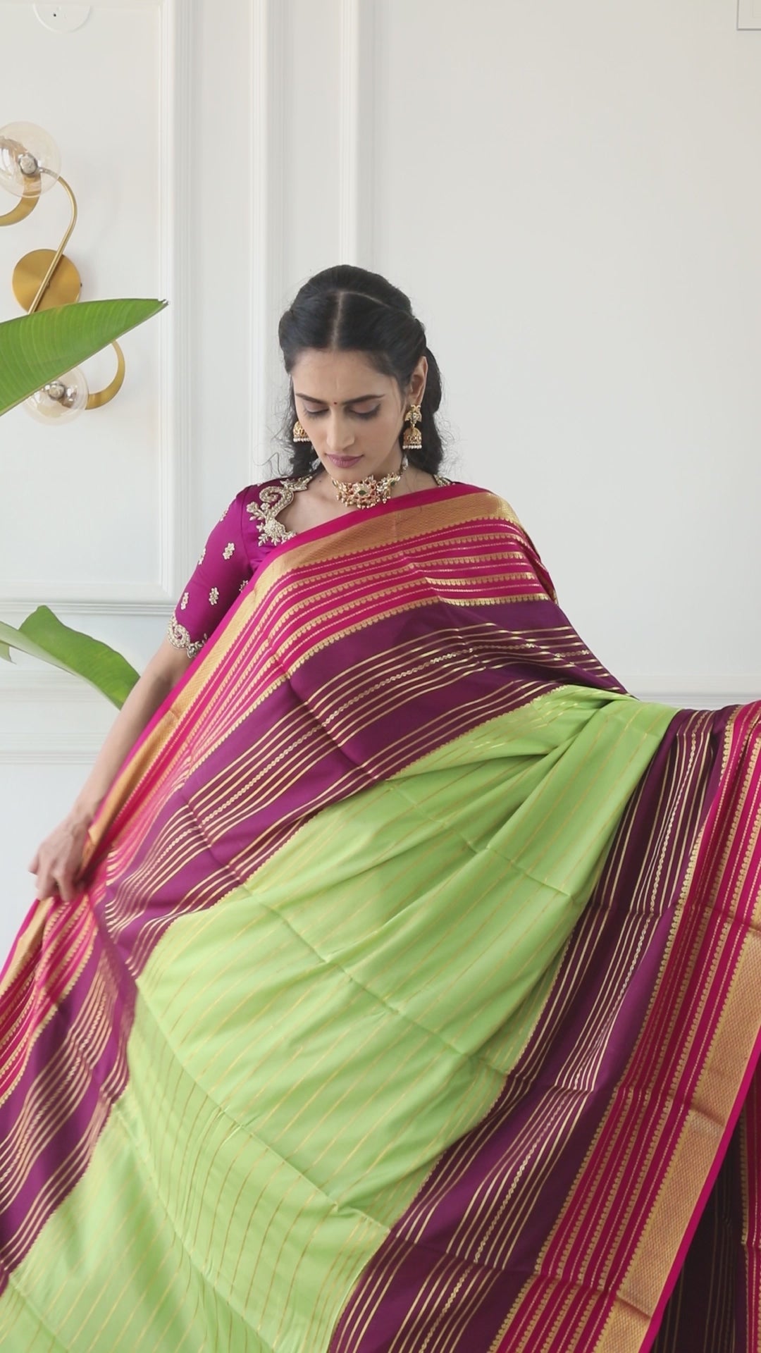 Pure Mysore Silk Crepe - Parrot Green with Chocolate Brown &amp; Pink