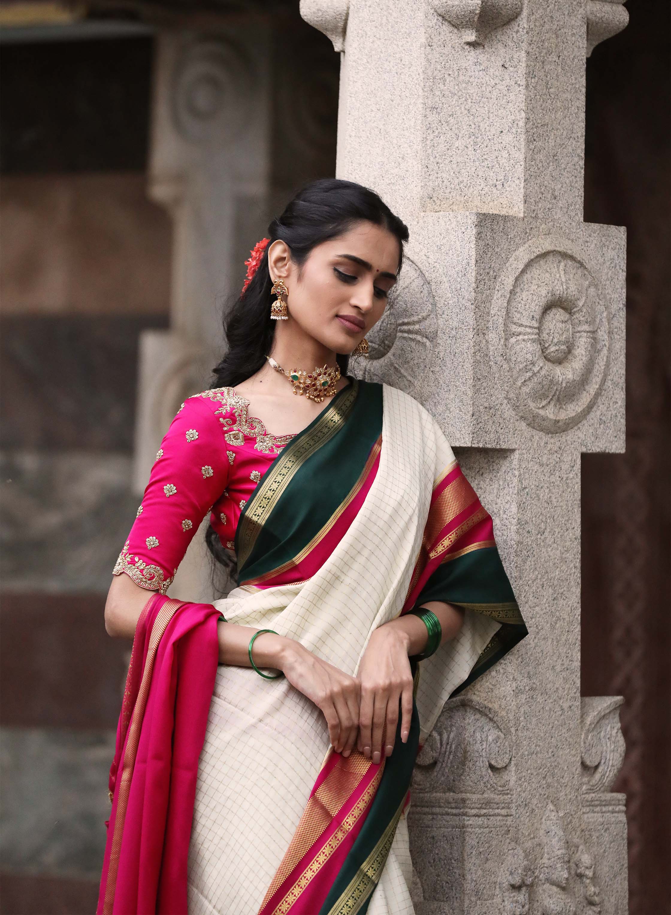 Pure Mysore Silk Crepe - White with Pink &amp; Green 3D Pattern