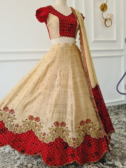 Red &amp; Beige Heavy Hand-Embroidered Lehanga set