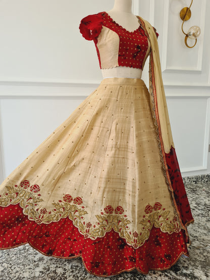 Red &amp; Beige Heavy Hand-Embroidered Lehanga set