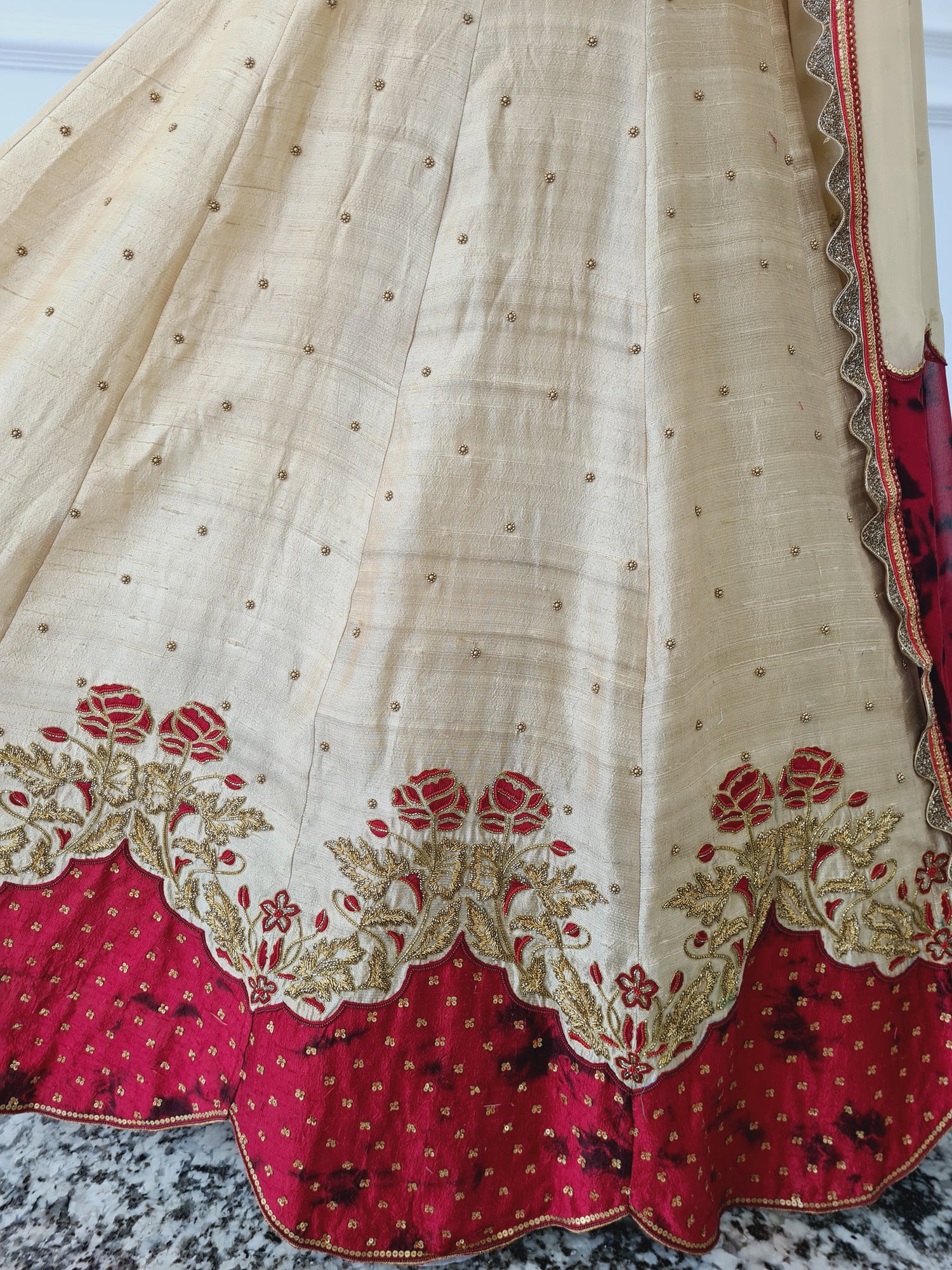 Red &amp; Beige Heavy Hand-Embroidered Lehanga set