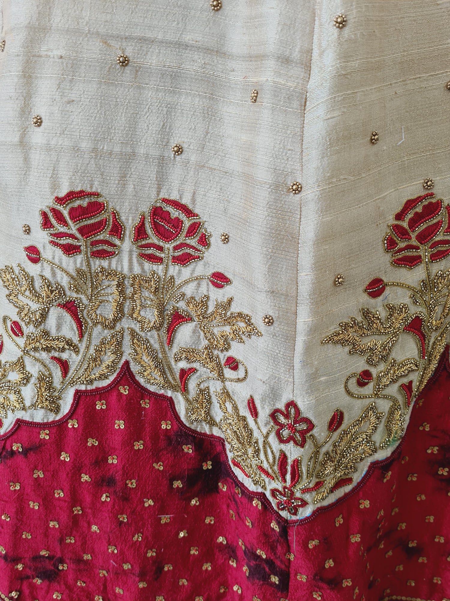 Red &amp; Beige Heavy Hand-Embroidered Lehanga set