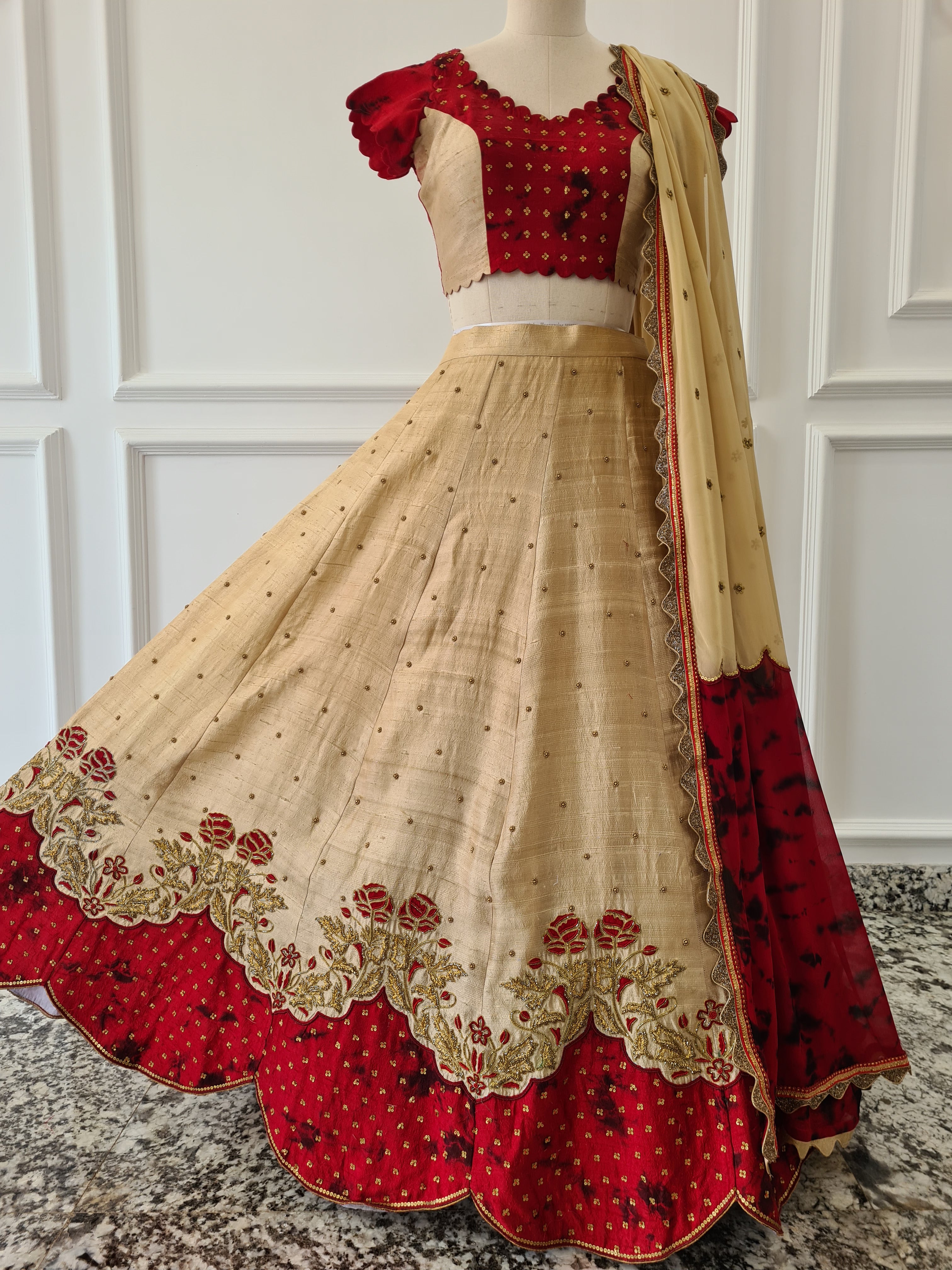 Red &amp; Beige Heavy Hand-Embroidered Lehanga set